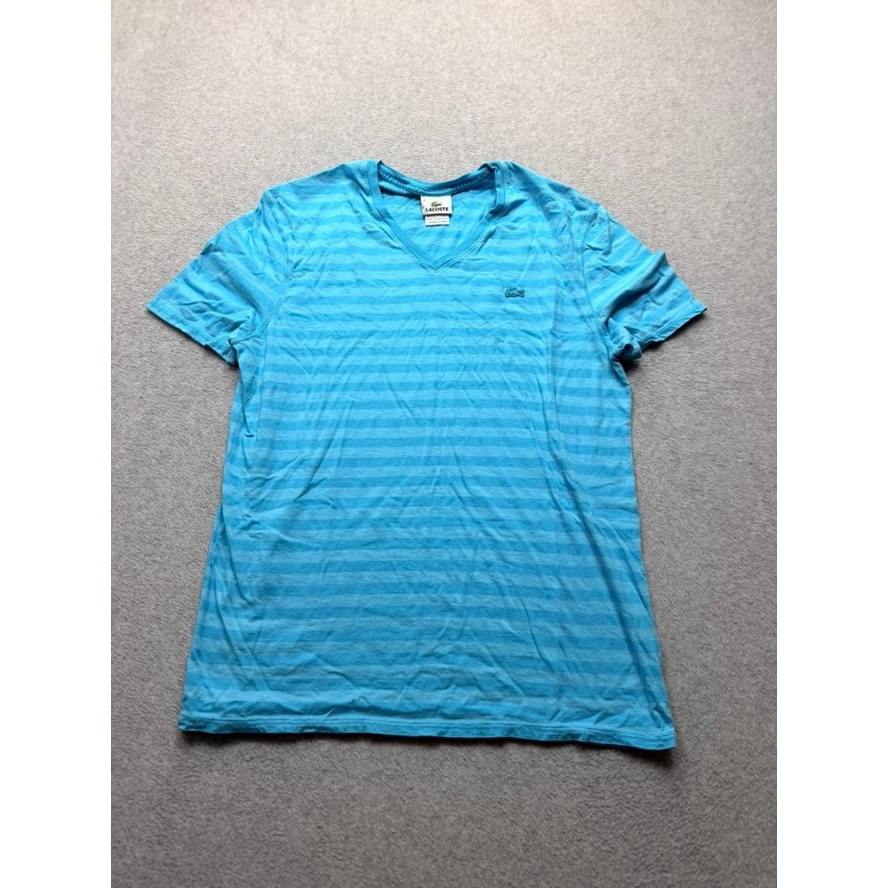Lacoste Mens V-Neck T-Shirt Blue Striped Short Sleeve Logo Tee Size 6 XL